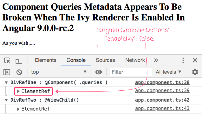 Component queries metadata is succeeds to inject element reference if Ivy is disabled in Angular 9.0.0-rc.2.