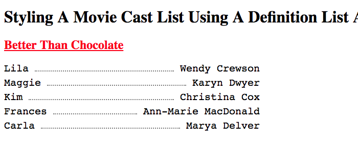 Movie cast list rendered with DL, DT, and DD tags, styled using Flexbox.