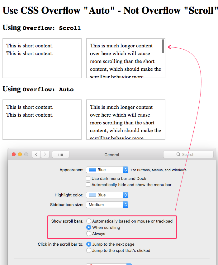 CSS overflow: auto and overflow: scroll render the same on Apple devices that hide the scrollbars by default.