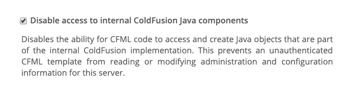 ColdFusion 2018 administrator settings for internal ColdFusion Java objects.