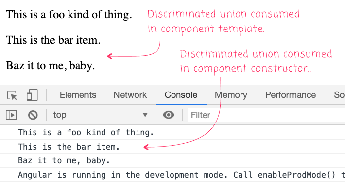Discriminated Union consumed fine in Angular template when template checking is disabled.