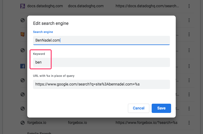 Google Chrome's settings for a customized Search Engine for BenNadel.com.