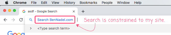 Google Chrome's OmniBox contrained to search through BenNadel.com blog.