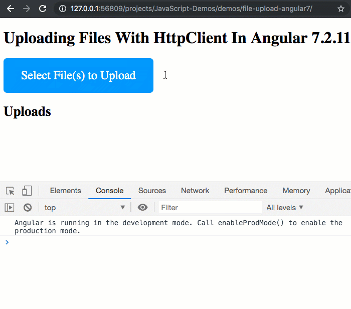 Uploading files with the HttpClient in Angular 7.2.11.