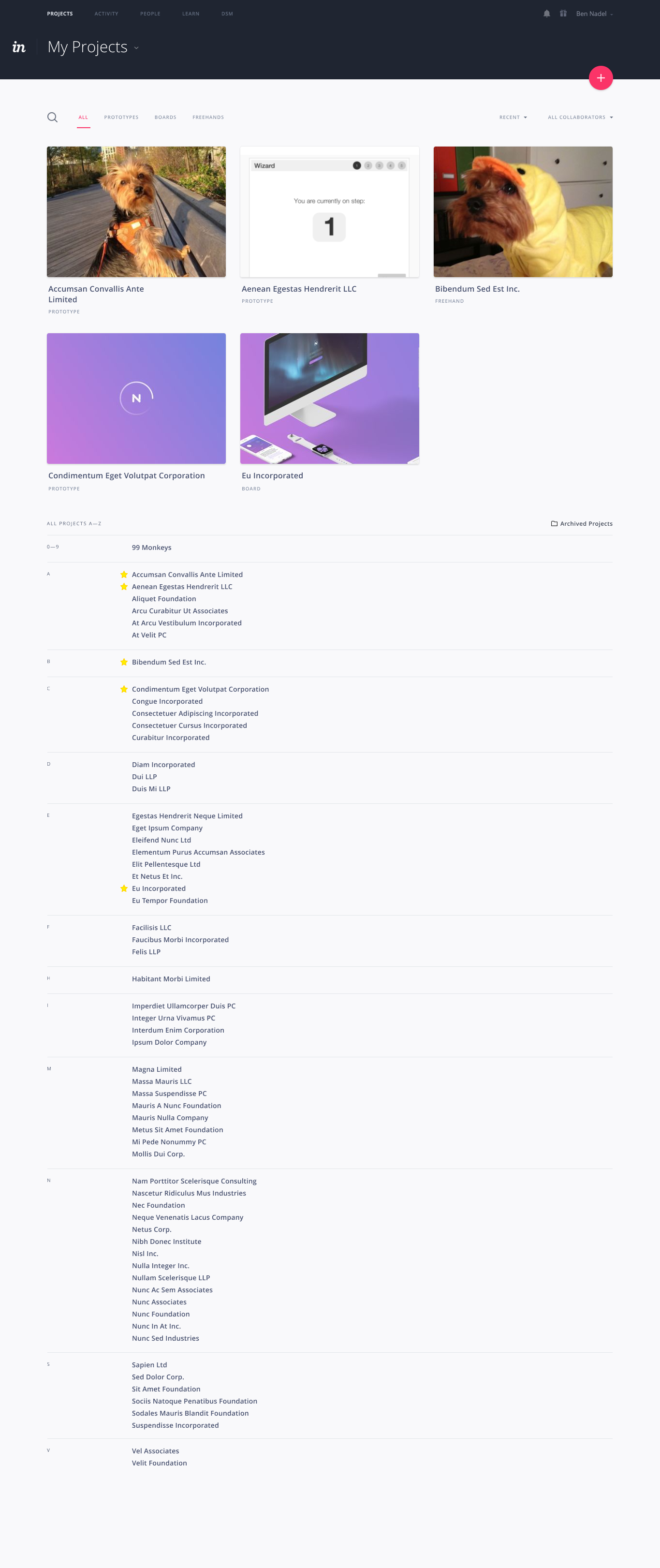 The InVision projects list re-visioned with the Basecamp projects design.