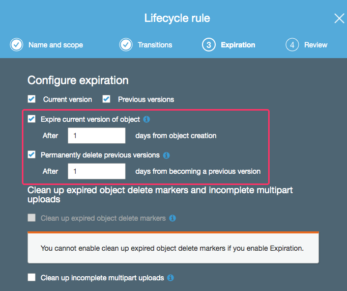 Using life-cycle management to expire S3 objects after 1-day.