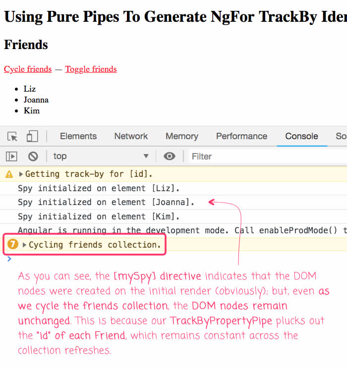Using a pure pipe to generate ngFor track by functions.