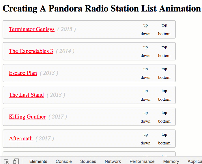 Performing list move animations in Vue.js 2.5.21 based on Pandora Radio Station list animation.