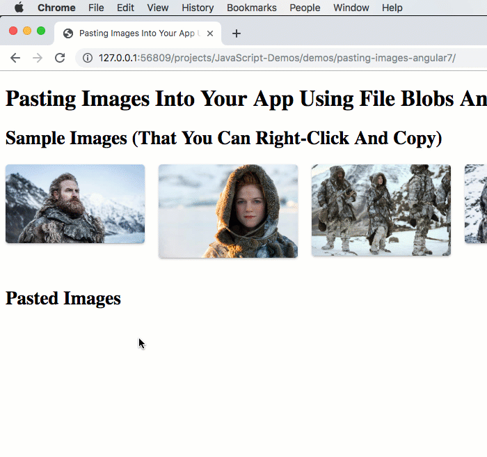 Copy and pasting images into an Angular 7.2.15 app using the paste event and Object URLs.