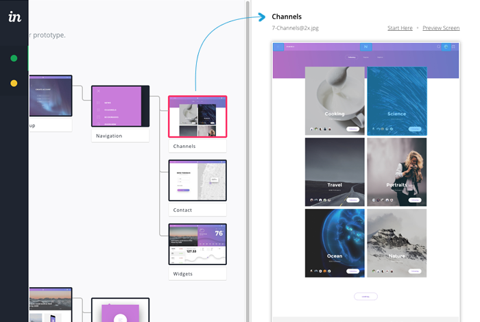 Screen Flow shows a higher-fidelity screen in a side-far, complete with hotspots.