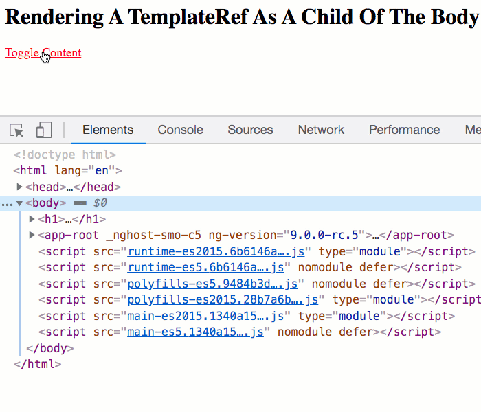 Projected content being rendered outside of the Angular app using a TemplateRef.