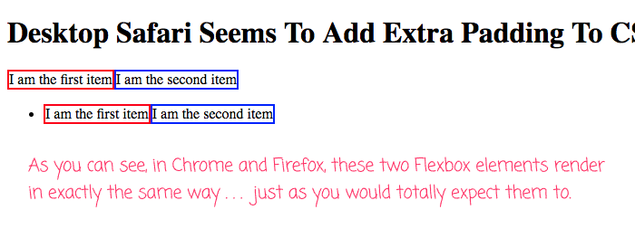 A Flexbox container renders the same in and out of an LI element as demonstrated in Chrome and Firefox.