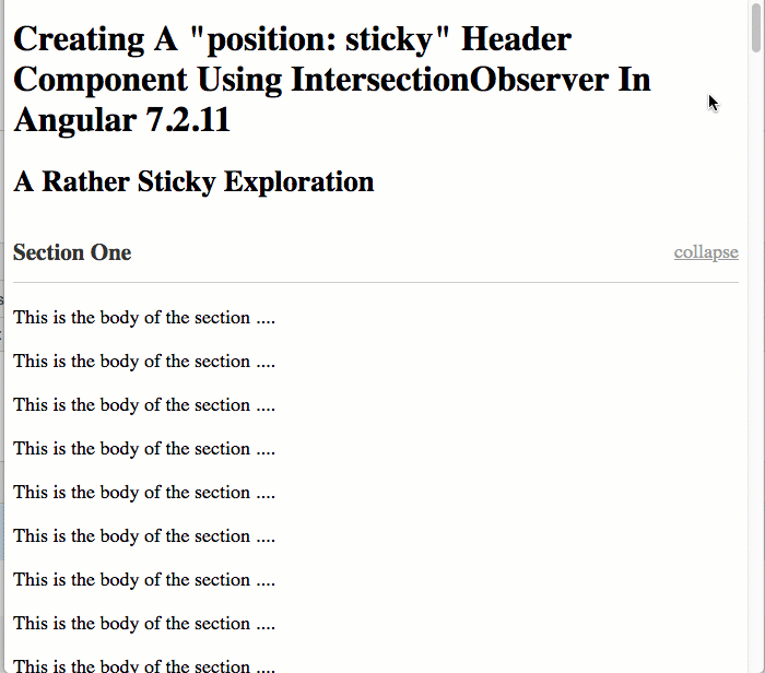 Creating a position: sticky header component in Angular 7.2.11.