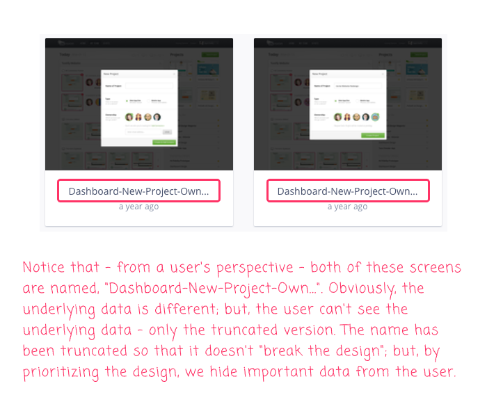 Two different records with names that look the same to the user because the name is being truncated in order to adhere to the design aesthetic.