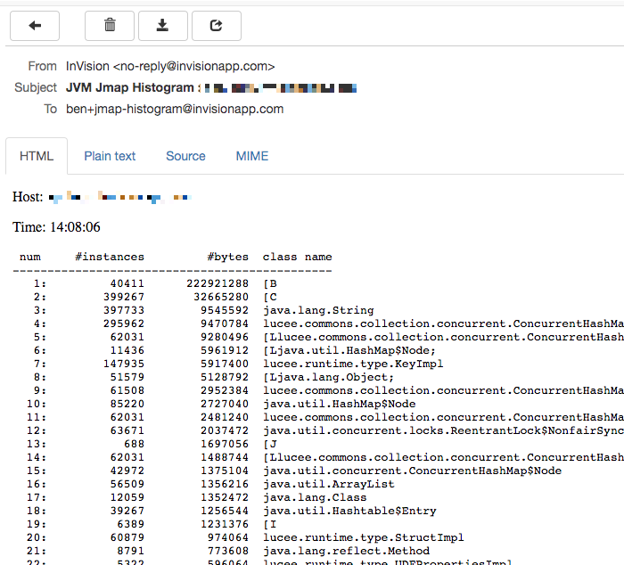 jmap histogram of memory allocation classes via email.