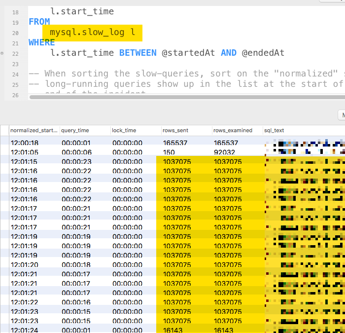 MySQL slow query log showing queries searching and returning more than 1-million records.