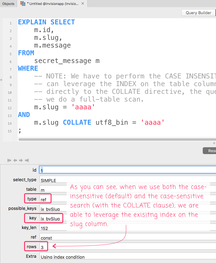 MySQL EXPLAIN showing an index when using a case-insensitive search and COLLATE.