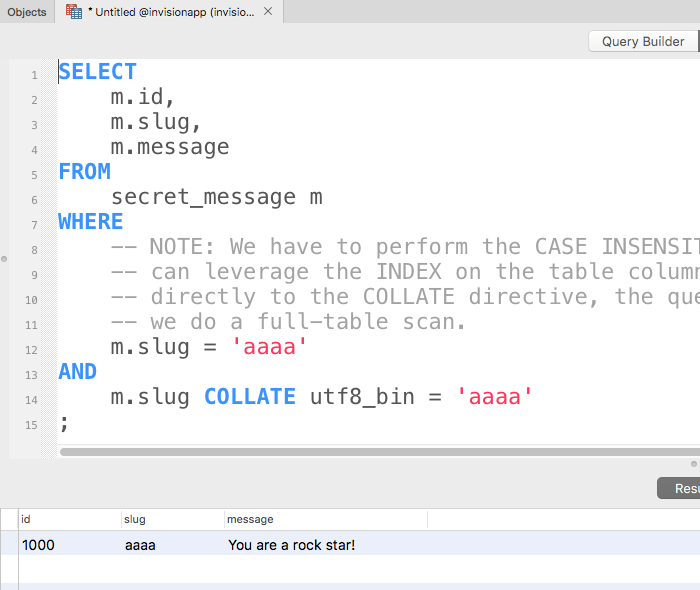 MySQL locates the correct row using a combined case-insensitive and case-sensitive search approach.