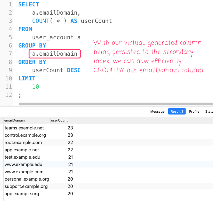 Email domain virtual generated column in MySQL.