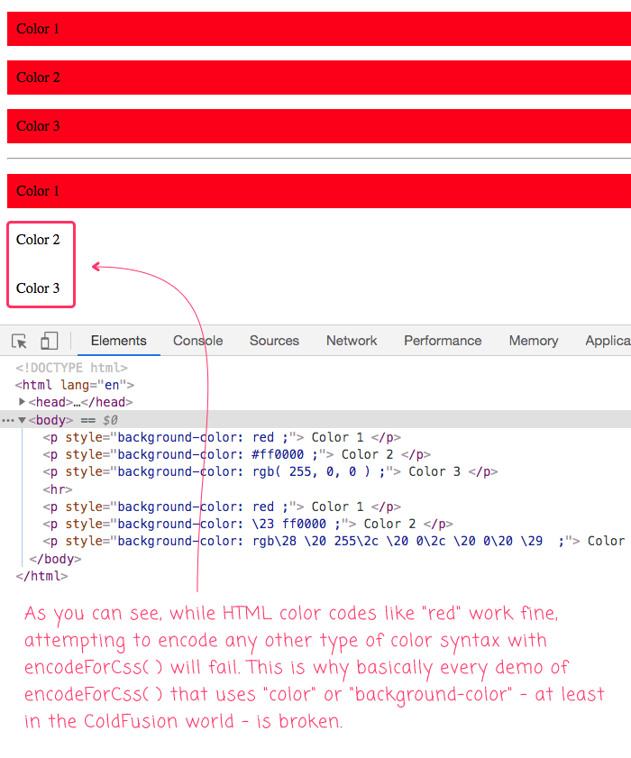 EncodeForCSS() does not work with most color or background-color choices in ColdFusion.
