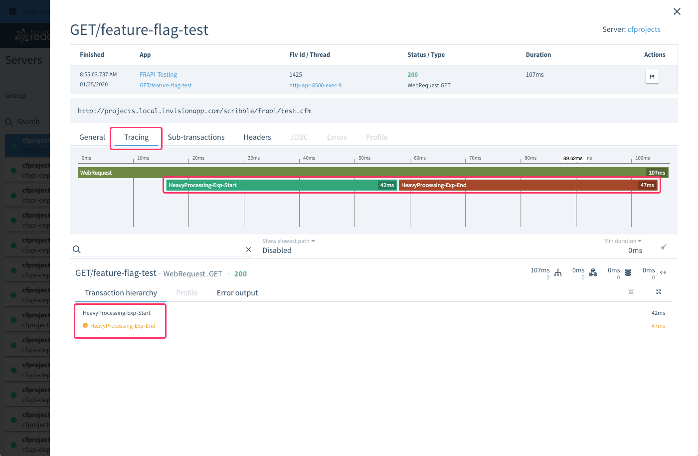 FusionReactor showing Tracing transaction segmentation in Cloud dashboard.