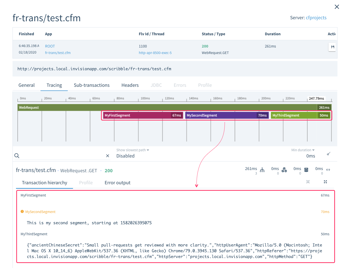 Tracked transaction descriptions showing up in Cloud FusionReactor dashboard.