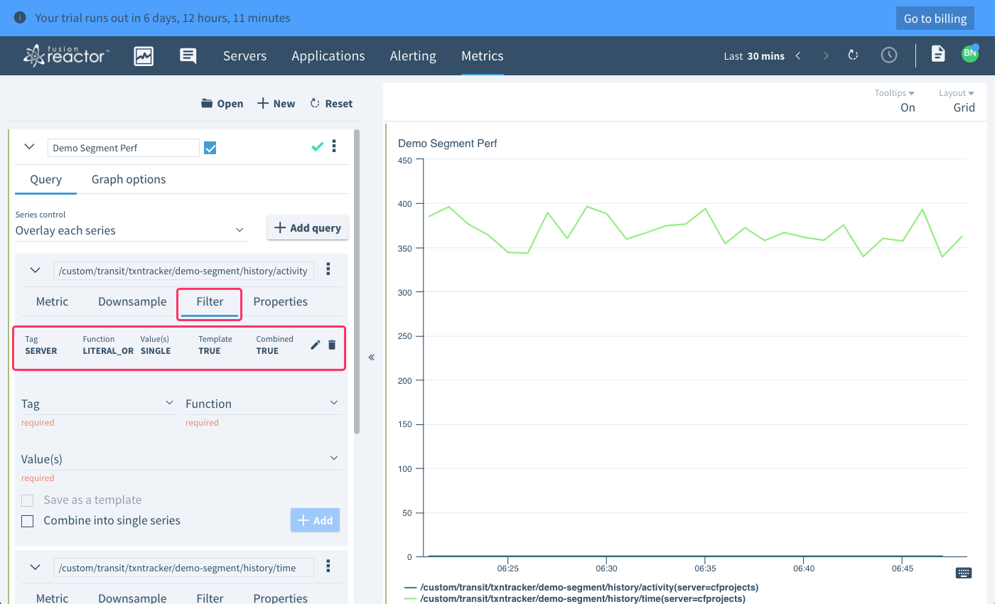 Sub-transaction metrics need a Filter in order to added to the Server graphs in the Cloud FusionReactor dashboard.