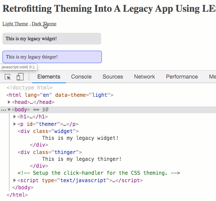 CSS theming being applied in a legacy app using CSS custom properties and LESS CSS.