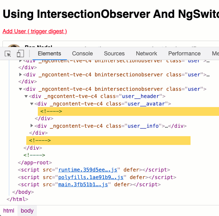 ngSwitch being used to defer template bindings based on the IntersectionObserver state in Angular 11.0.5.