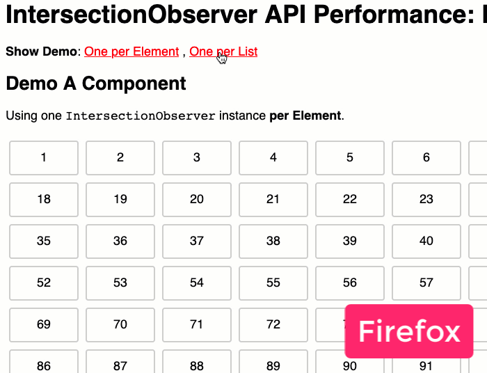 Many vs. One IntersectionObserver performance in Firefox - shared is vastly superior!
