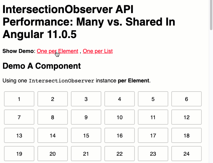 Switching back-and-forth between the two IntersectionObserver demos in Angular 11.