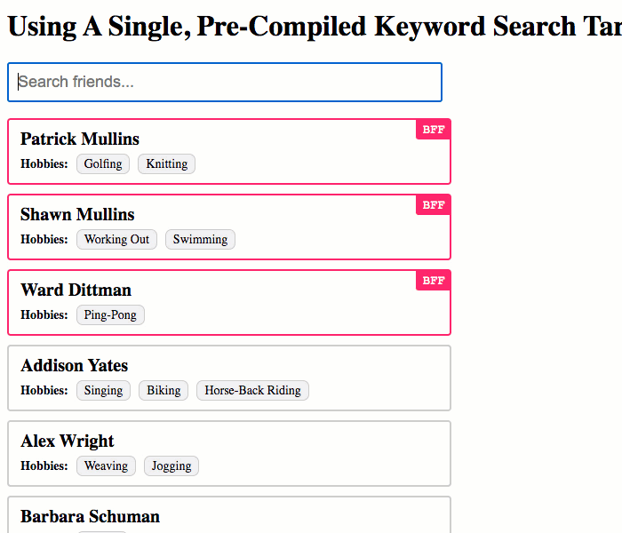 Filtering a collection of friends using a keyword search in Angular 10.