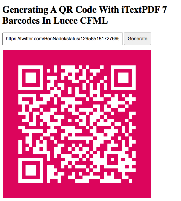 A QR Code generated with iTextPDF 7 and Lucee CFML.