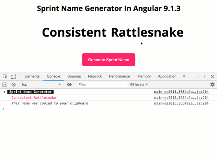A sprint name generator selecting random names in Anglar 9.1.3.