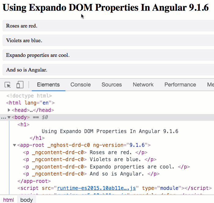 Expando properties being added and removed from the DOM using an Angular service.