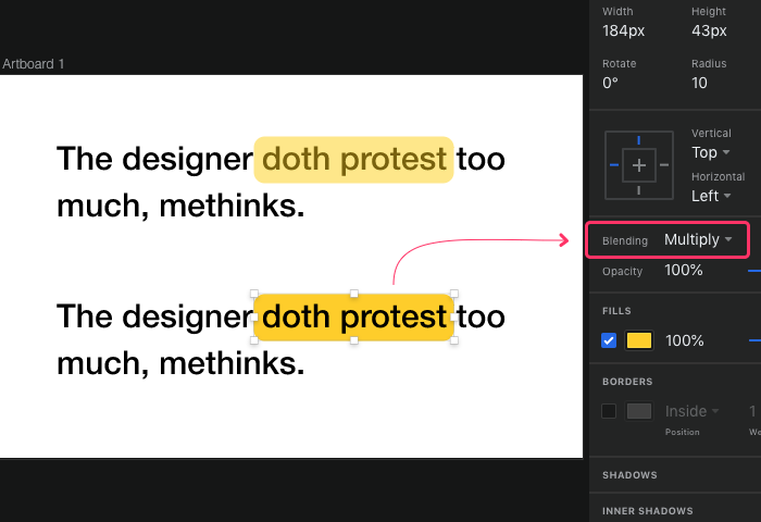 A yellow rectangle with a Multiple layer blend mode allows text to clearly show through.