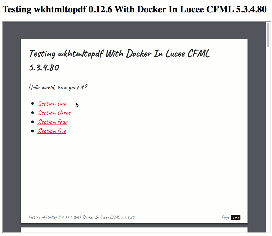 A PDF generated using wkhtmltopdf, Docker, and Lucee CFML.