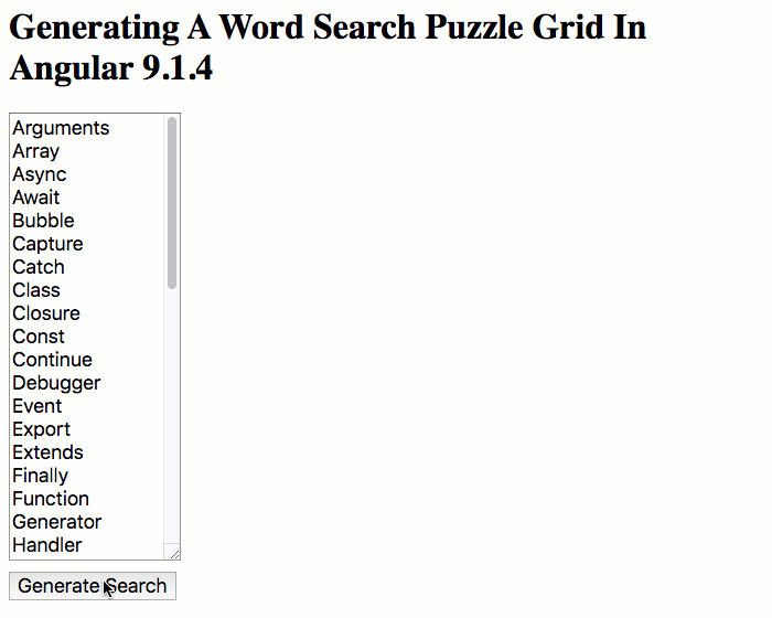 A word search puzzle being generated by Angular 9.1.4.