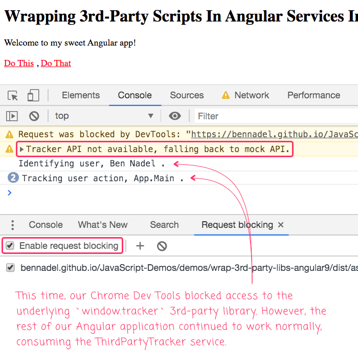 An Angular application that proxies calles to a 3rd-party library through an intermediary Service class; and continues to work even with the 3rd-party library is blocked.