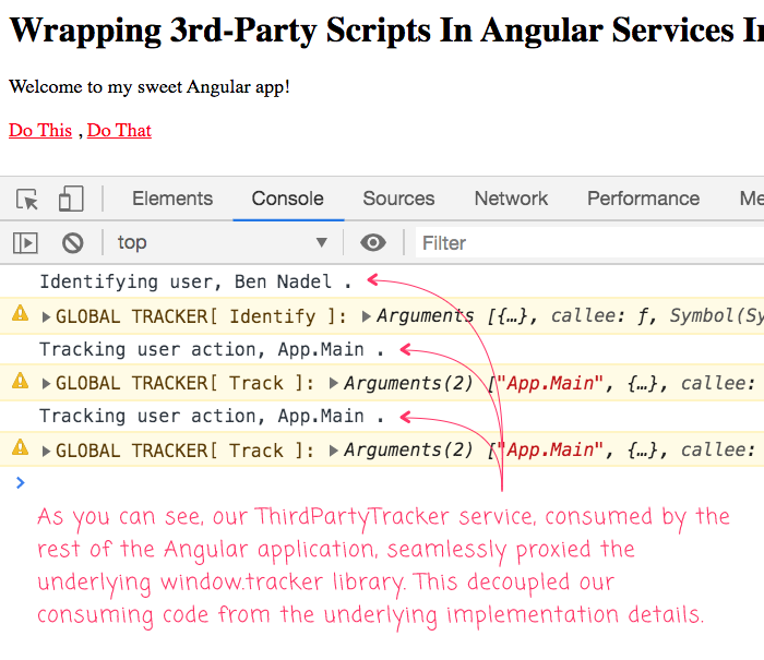 An Angular application that proxies calles to a 3rd-party library through an intermediary Service class.