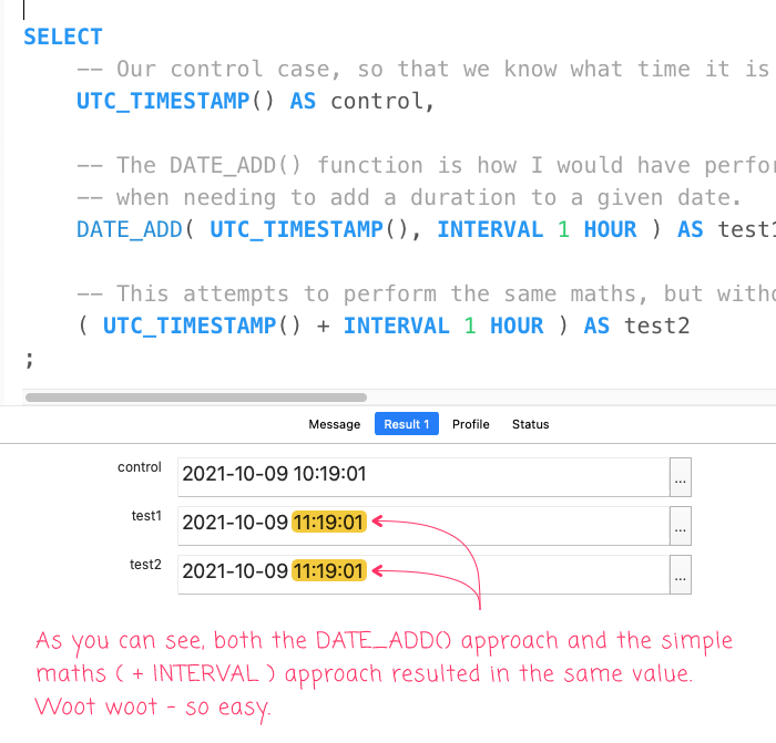 Dates augmented with INTERVAL in MySQL.