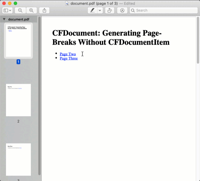 A CFDocument PDF generated with page-breaks without CFDocumentItem in Lucee CFML.