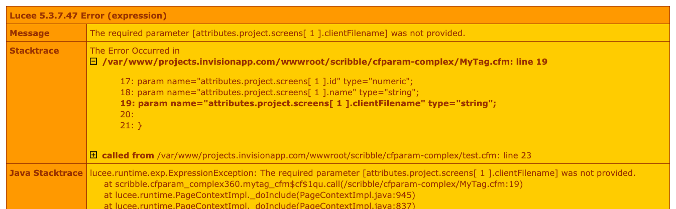 A CFParam error for a complex object reference in Lucee CFML.