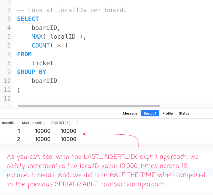 A group-based, incrementing sequence generated with LAST_INSERT_ID() in MySQL.