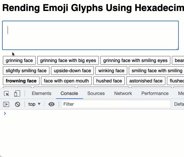 Emoji glphys being rendered from hexadecimal codepoints in JavaScript.