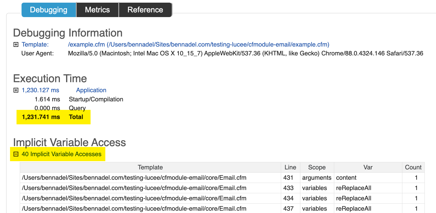 ColdFusion debugging template showing high processing time and implicit variable access.