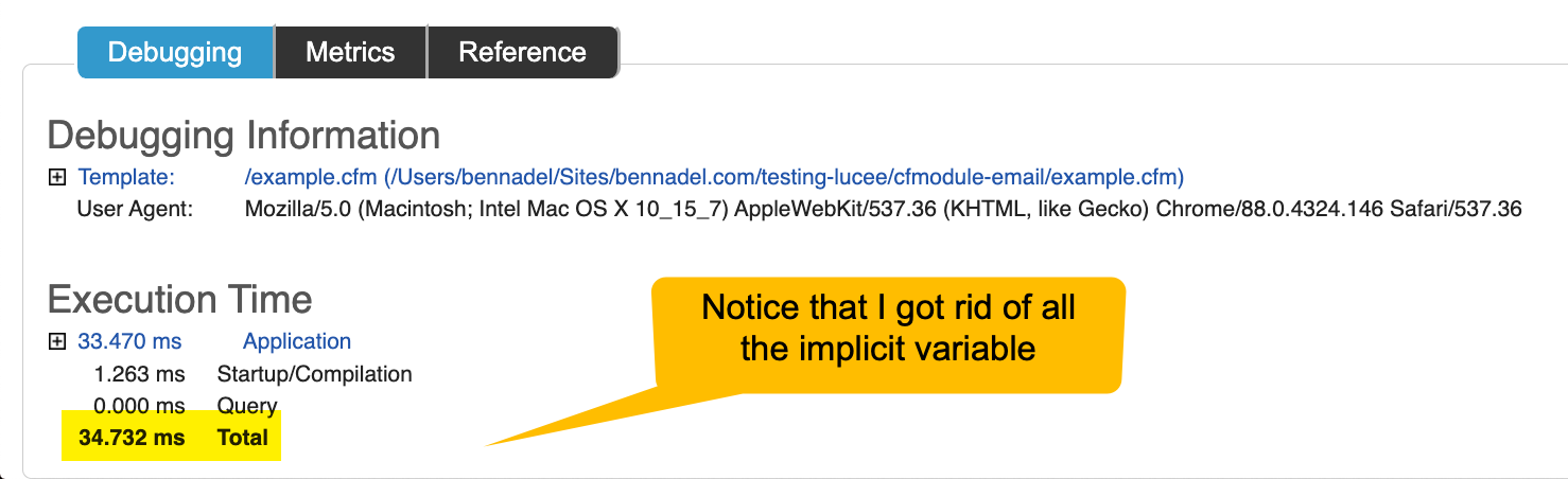 ColdFusion debugging template showing fast processing time when implicit variable access was removed.