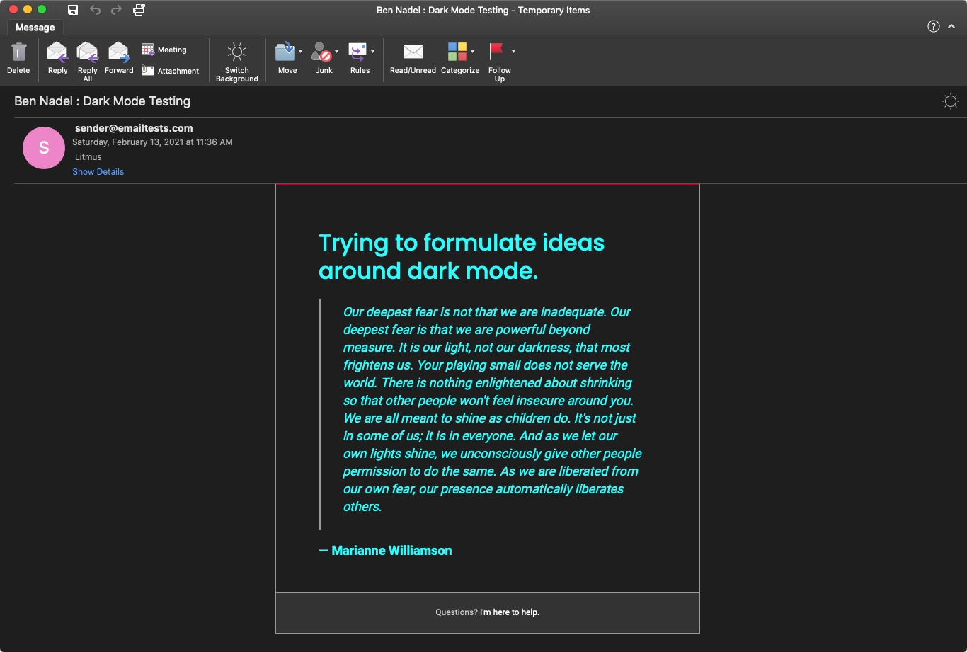 Email rendering in Outlook 365 on MacOS in Dark Mode.