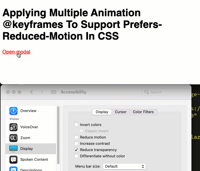 Reduced motion preference implemented using multiple @keyframes animation in CSS.
