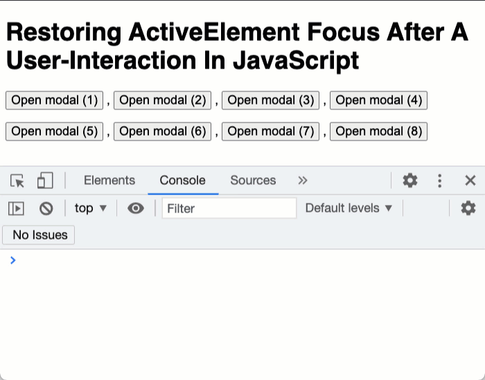 Active element being maintained across a modal window workflow in JavaScript